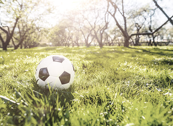 Bola de futebol nas cores preto e branco em um extenso gramado rodeado de arvores.