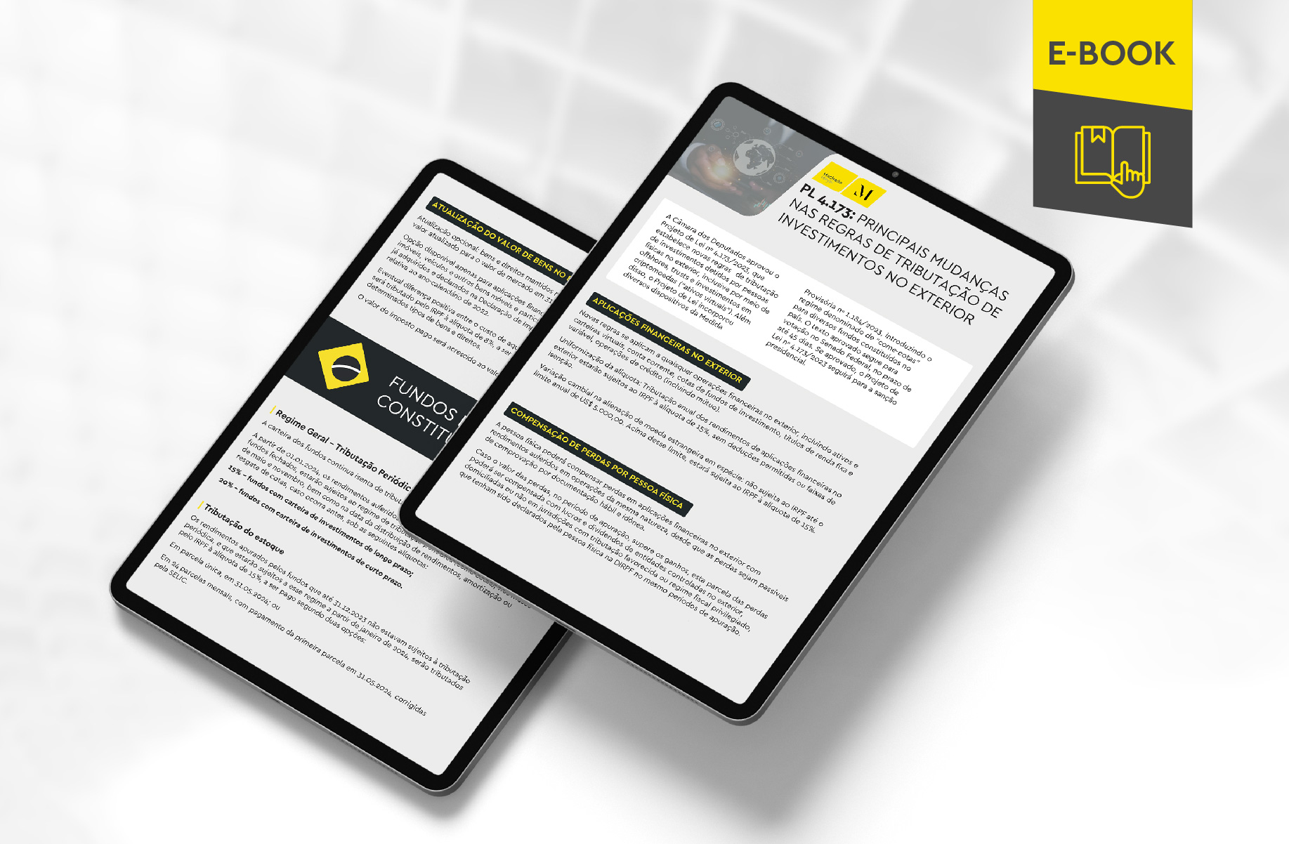 Illustrative mockup of two tablets, one above the other, with images of the e-book's internal content. In the top right-hand corner, a descriptive strip in yellow and gray, with the name "e-book" written on it.