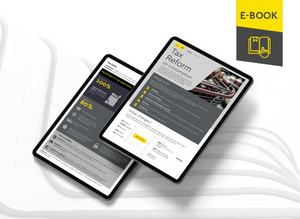Illustrative mockup of two tablets, one above the other, with images of the internal content of the e-book. In the upper right corner, descriptive strip in yellow and gray, with the name "e-book" written on it